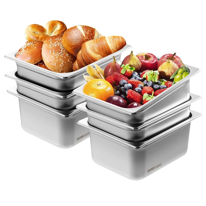 VEVOR 6 Pack Hotel Pans, 1/2 Size Anti-Jam Steam Pan, 0.8mm Thick Stainless Steel Restaurant Steam Table Pan, 6 Inch Deep Commercial Table Pan, Catering Storage Pan for Food
