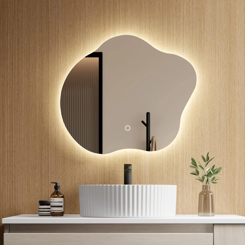EMKE Bathroom Mirror with Lighting, 50 x 45 cm, Asymmetrical Mirror with Touch, 3 Light Colours, Dimmable, Anti-Fog, Bathroom Mirror with Lighting, IP44, Energy-Saving, LED Bathroom Mirror - Image 1