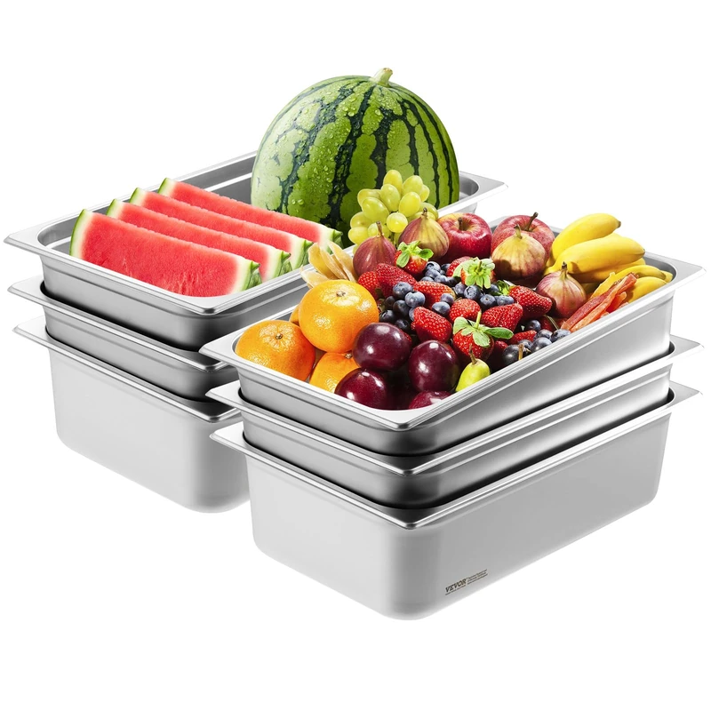 VEVOR Set of 6 Non-Stick Kitchen Food Containers, Stainless Steel Tabletop Container Tray 0.8 mm Thick for Catering Commercial Use Without Lid