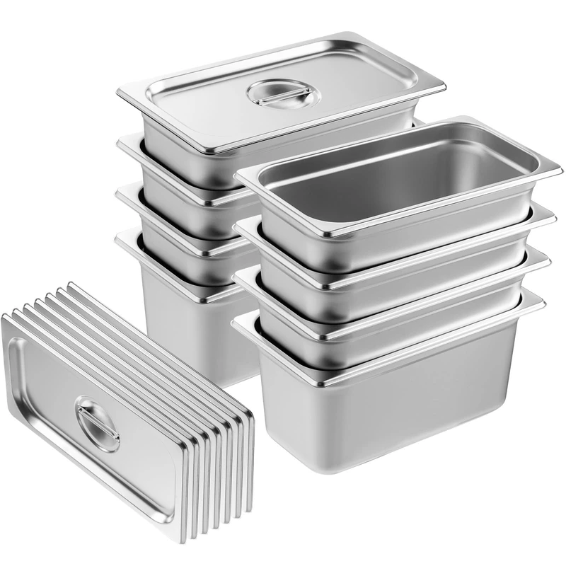 VEVOR Gastronorm Container, Stainless Steel Container, Pack of 8, 328 x 178 x 148 mm Food Container with Lid, Commercial Warming Container 5.93 L Depth for Food, Hotel Pan Table Food Pan 1/3 Size
