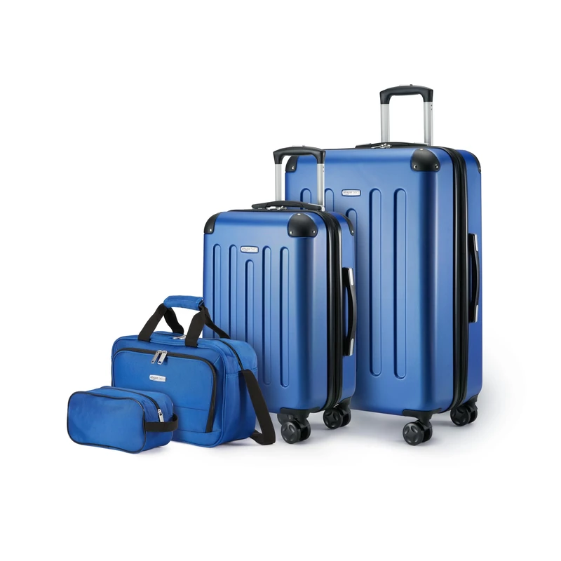 Amazon Basics Hardside Spinner Luggage Set, 4-Piece, Large Suitcase, Carry-On Suitcase, Tote Bag, Compact Travel Bag, Expandable, 4 Spinner Wheels, Navy Blue