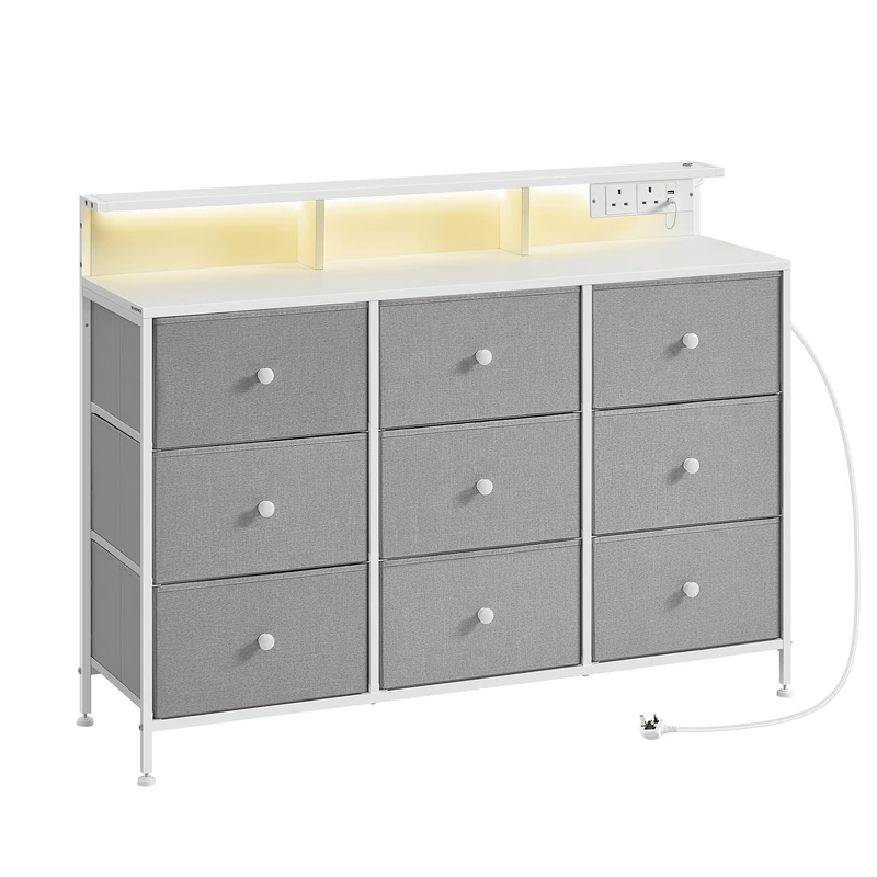 SONGMICS Chest of Drawers Bedroom, Storage Unit with 9 Fabric Drawers and LED Lights, Charging Station, Steel Frame, 33.5 x 114 x 84 cm, for Living Room, Dove Grey LTS519G02