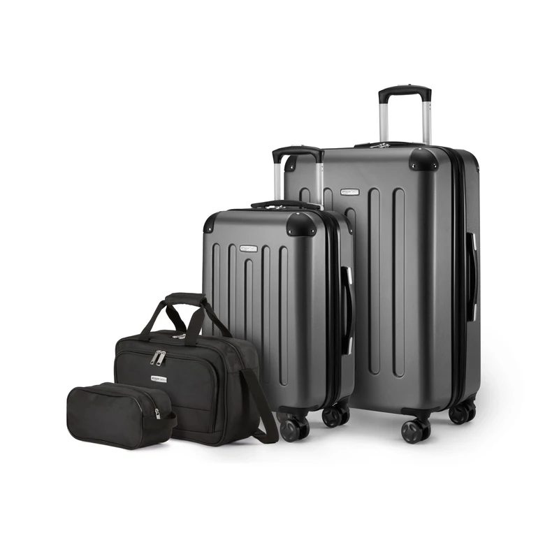 Amazon Basics Hardside Spinner Luggage Set, 4-Piece, Large Suitcase, Carry-On Suitcase, Tote Bag, Compact Travel Bag, Expandable, 4 Spinner Wheels, Black