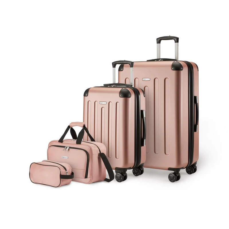 Amazon Basics Hardside Spinner Luggage Set, 4-Piece, Large Suitcase, Carry-On Suitcase, Tote Bag, Compact Travel Bag, Expandable, 4 Spinner Wheels, Rose Gold