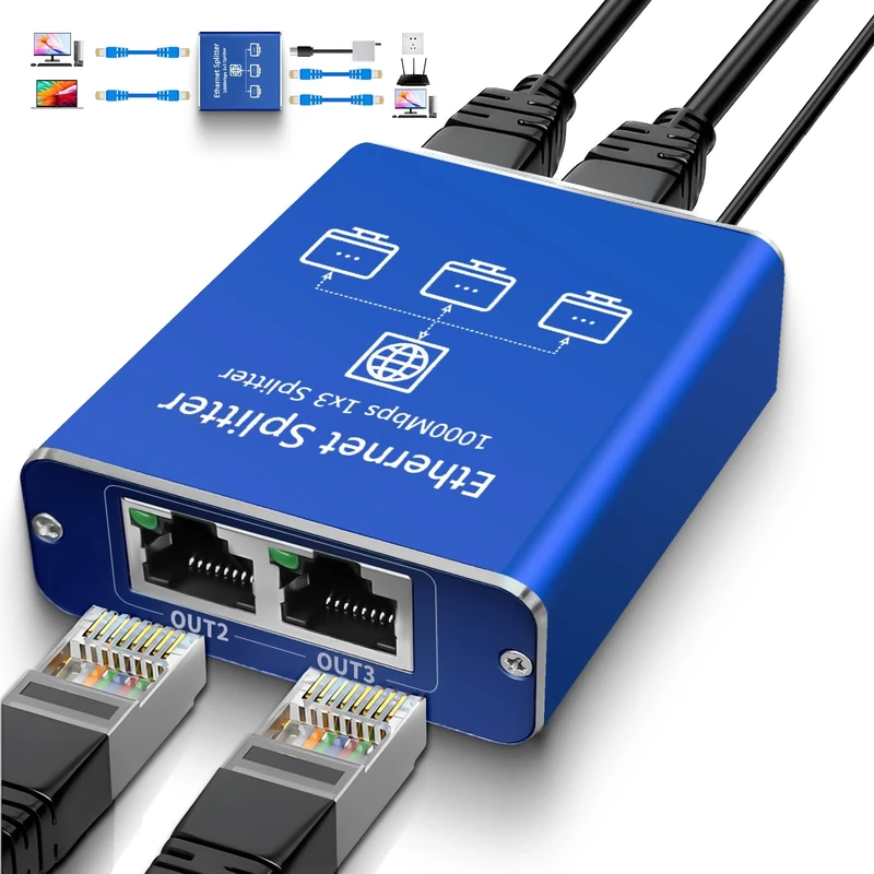 Ethernet Splitter 1 to 3 1000Mbps High Speed,Internet RJ45 Lan Network Switch 3-Port with USB C Power Cable for Computers Hubs Routers Set Top Boxes Digital TV(Simultaneous Networking of 3 Devices)