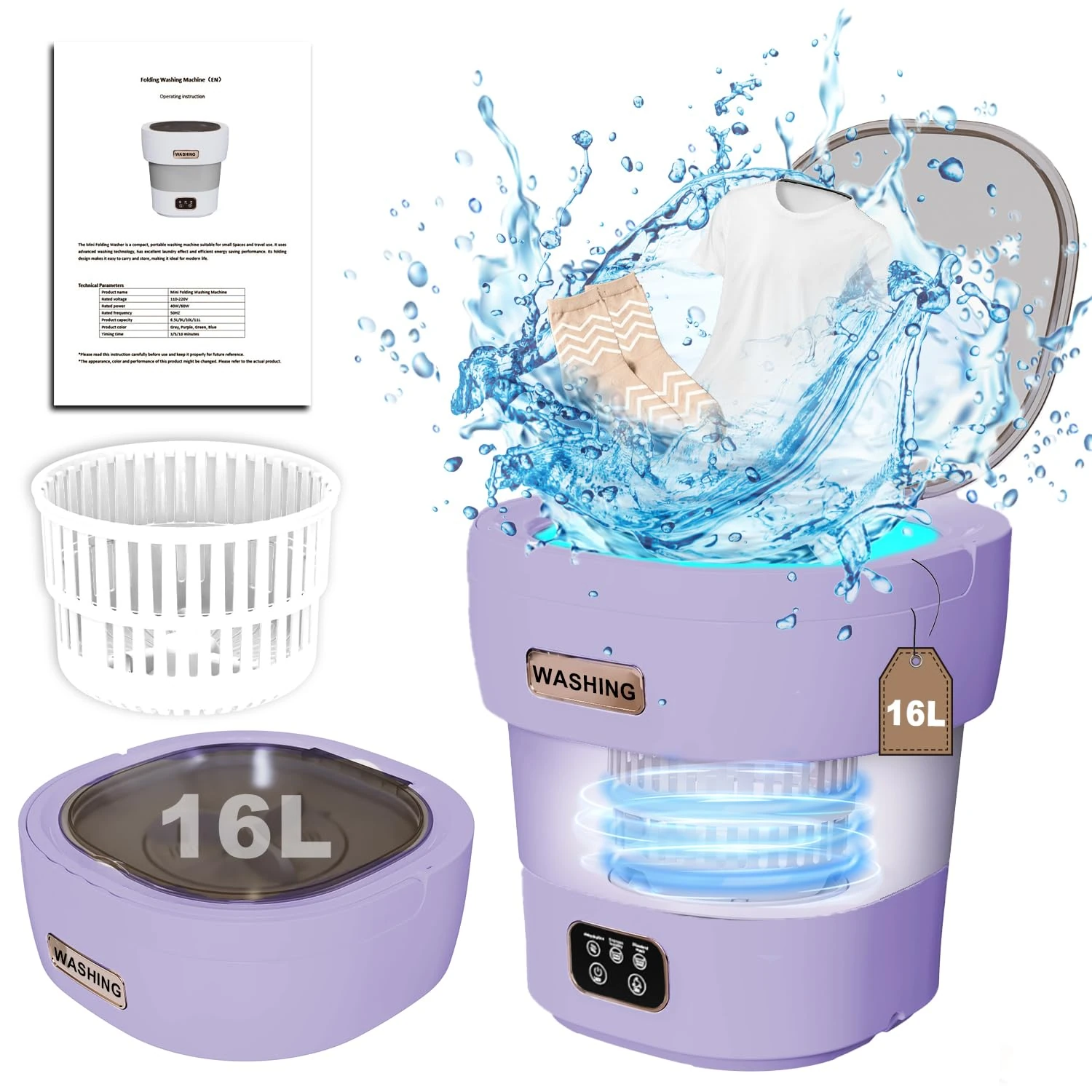 16L 2kg Portable Washing Machine with Spin Dryer, 2 in 1 Mini Washing Machine, Small Washing Machine Portable, Folding Washing Machine for Underwear, Sock, Baby Clothes, Travel, Camping, RV (Purple)
