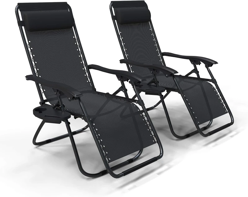 VOUNOT® Zero Gravity Chair, Set of 2, Deck Folding Recliner Sun Loungers Outdoor Chair with Cup and Phone Holder, Black