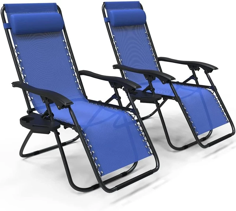 VOUNOT Zero Gravity Chair, Set of 2, Deck Folding Recliner Sun Loungers Outdoor Chair with Cup and Phone Holder, Blue