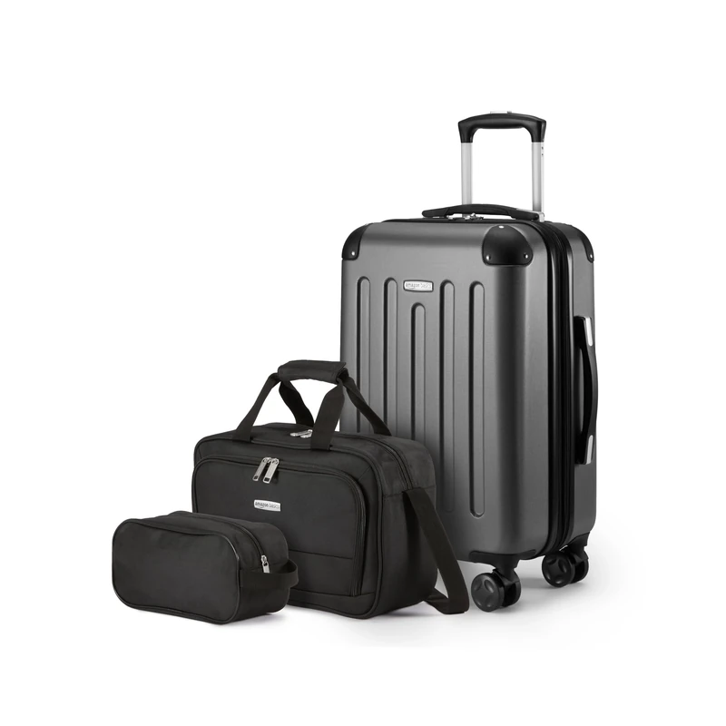 Amazon Basics Hardside Carry-On Spinner Luggage Set, 3-Piece, Carry-On Suitcase, Tote Bag, Compact Travel Bag, Expandable, 4 Spinner Wheels, Black