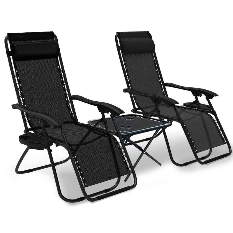 VOUNOT Zero Gravity Chair with Side Table, Set of 2, Deck Folding Recliner Sun Loungers Outdoor Chair with Cup and Phone Holder, Black
