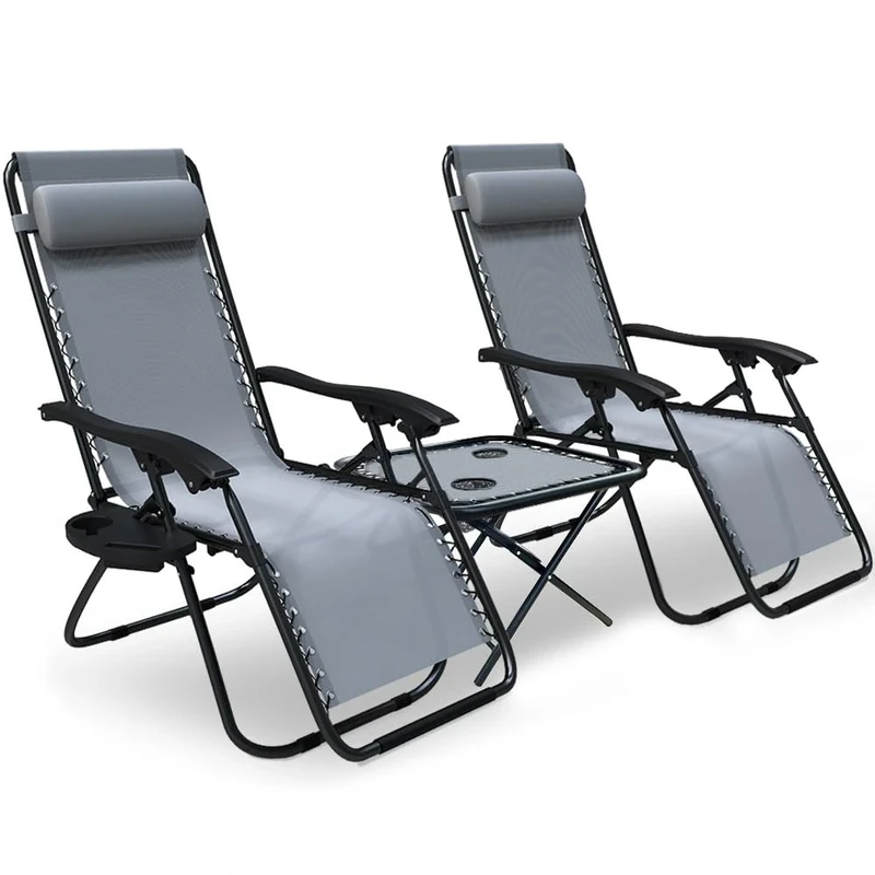 VOUNOT Zero Gravity Chair with Side Table, Set of 2, Deck Folding Recliner Sun Loungers Outdoor Chair with Cup and Phone Holder, Grey