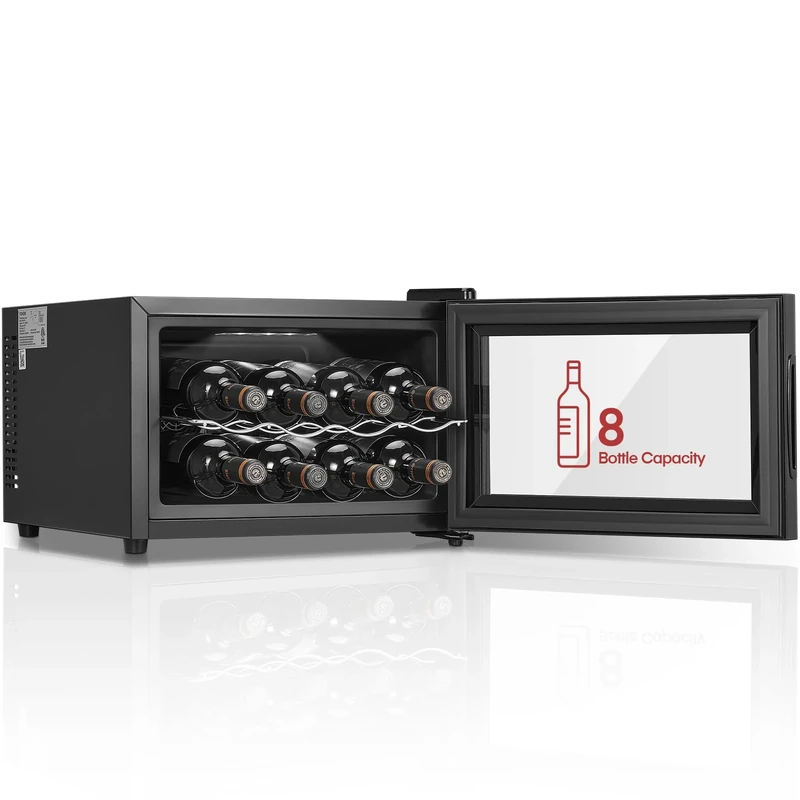 FOHERE Wine Cooler Fridge 8 Bottles, Table-Top Wine Fridge with Glass Door, 22 Liters LED + Digital Display, 8-18°C, Glass Door Drinks Fridge, Single-Zone