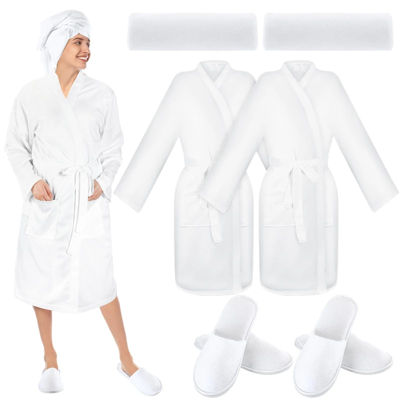 Handepo 2 Sets Waffle Bath Robe Set Unisex Hotel His and Hers Robes Couples Lightweight Knit Spa Bathrobe Slipper Hair Towel, White, Large