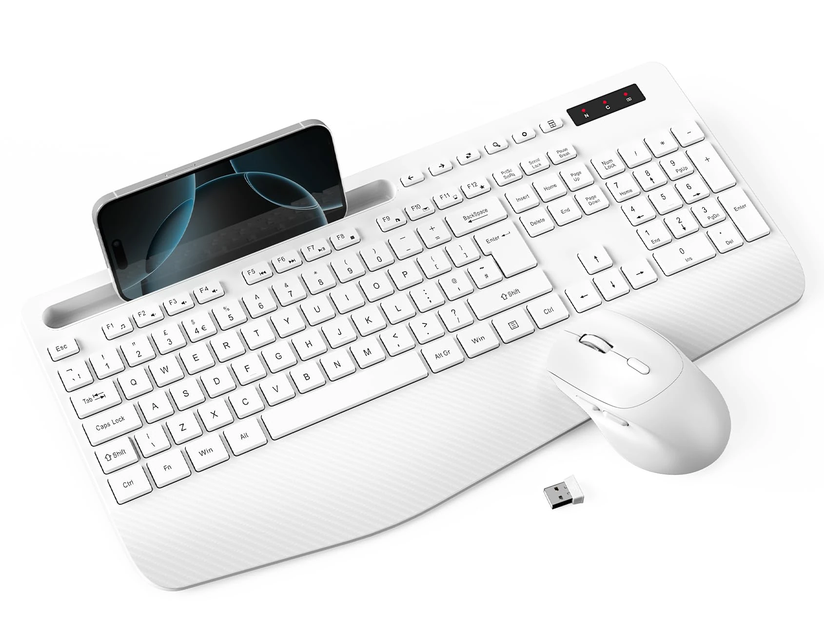 Wireless Keyboard and Mouse Combo, Full-Size Ergonomic Keyboard with Wrist Rest, Phone Holder, Sleep Mode, Silent 2.4GHz Cordless Set for Computer, Laptop, PC, Mac, Windows (White)