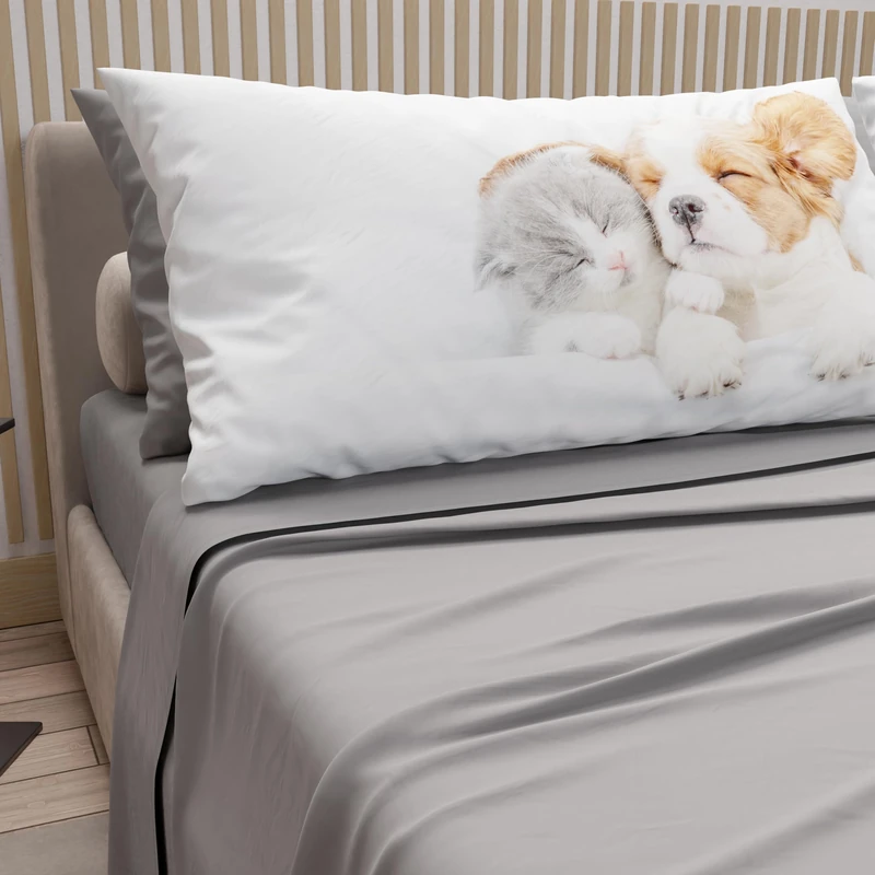 PETTI Artigiani Italiani - Bed Linen Animals with Cats and Dogs in Cotton with Pillowcases in Digital Print, Double Bedsheets, Light Grey Double Bed Set, 100% Made in Italy - Image 1