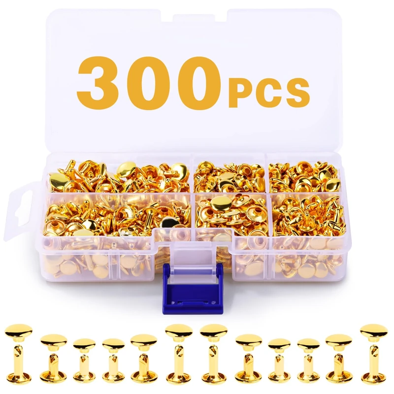 300 Sets Leather Rivets,3 Sizes Double Round Cap Leather Rivets,Tubular Metal Studs for Leather Craft Repairs Decoration(Gold)