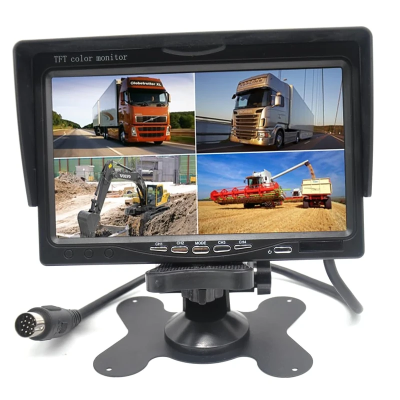 Pardarsey 7" TFT LCD Car Rearview Quad Split Monitor,Remote Control, 4 Channels RCA Video Inputs(4-PIN Shockproof Connector) - 12V-24V 800×480HD Screen w/Sunshade Anti-Glare