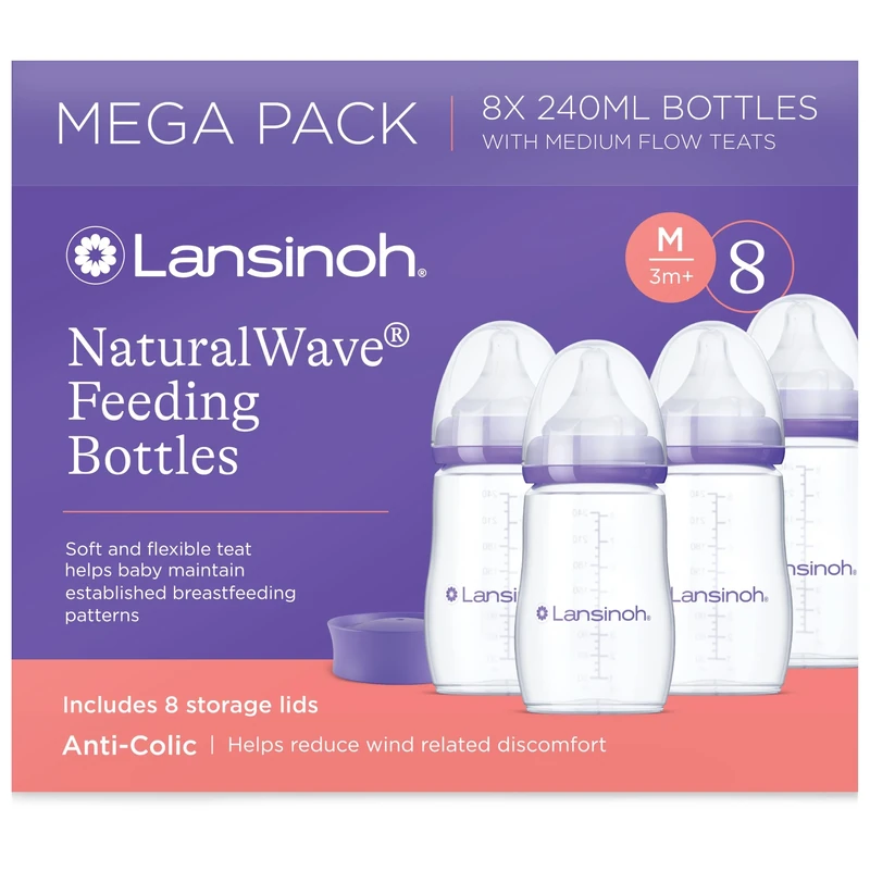 Lansinoh Anti Colic Baby Bottles - 8 240ml - Naturalwave® Teats Reduce Nipple Confusion - BPA & BPS-Free - Stackable lids for Breastmilk Storage in Fridge or Freezer - Breastfeeding Bottle