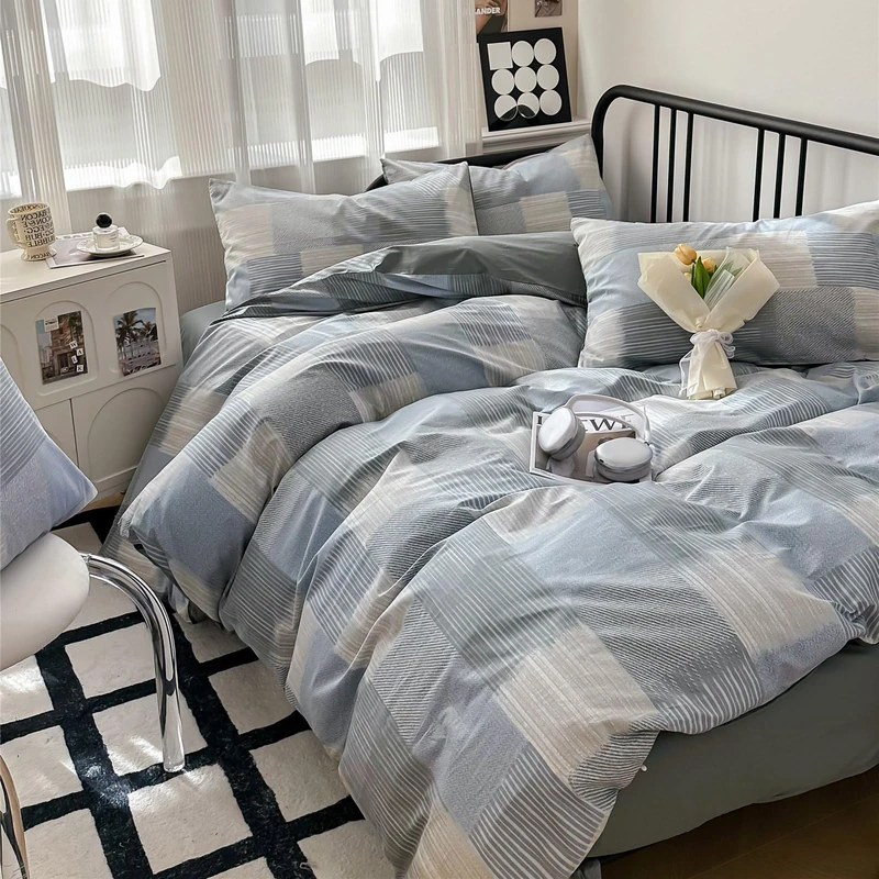 mixinni Twin XL Comforter Set Soft Aesthetic Blue Geometric Checkered Plaid Printed Bedding Comforter for Men Boys, 1 Soft Microfiber Reversible Comforter with 2 Pillowcases for All Seasons