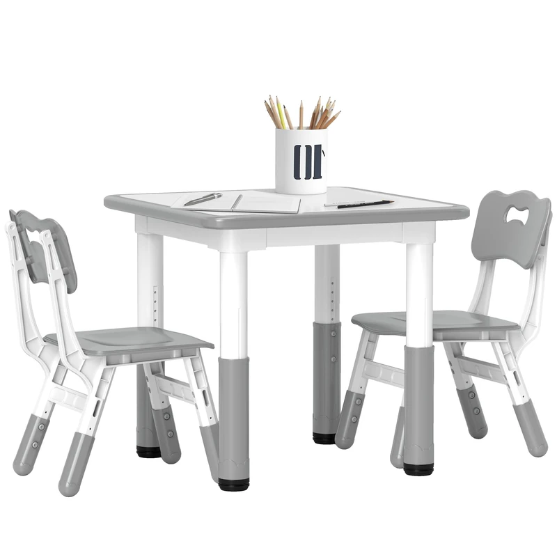 AIYAPLAY Kids Table and Chair Set, 3 Pcs Height Adjustable Activity Table Set with 2 Chairs, Easy to Wipe Arts & Crafts Table, for Classrooms, Daycares, Homes - Grey