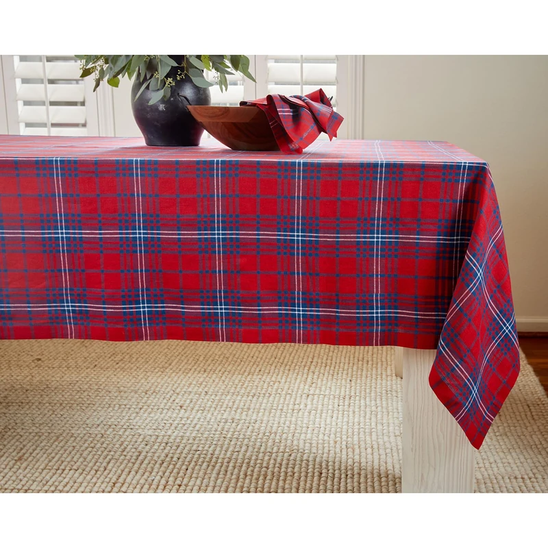 Solino Home 100% Pure Linen Tablecloth, 60 x 132 in, Red and Navy Plaid