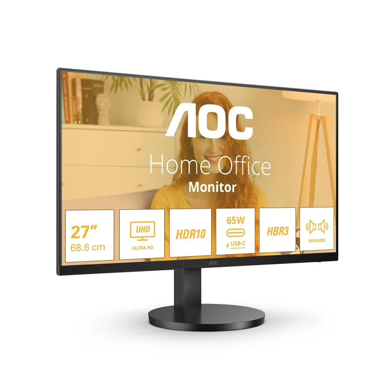 AOC U27B3CF - 27 INch UHD 4K Monitor, Fast VA, 4ms, HDR10, USB-C connectivity, Speakers, Height Adjust, LowBlue light, Adaptive Sync (3840 x 2160, 350 cd/m2, HDMI 2.0 / USB-C 3.2 65W Power Delivery)