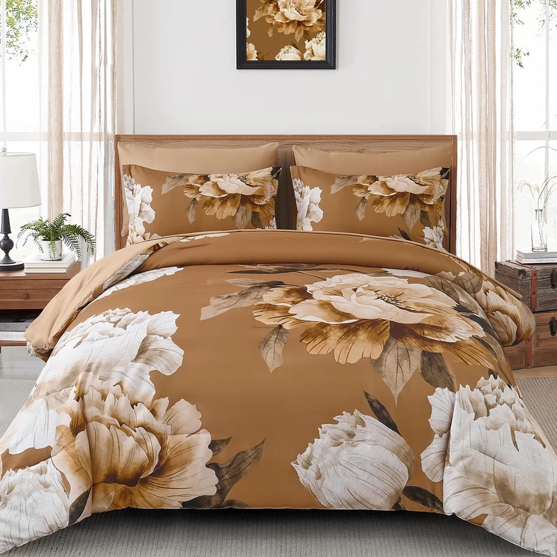 Dobuyly Brown King Size Comforter Set 7 Piece Bed in a Bag, Floral Printed on Brown Comforter Set with Sheets, Soft Microfiber Botanical Fall Complete Bedding Set for All Season