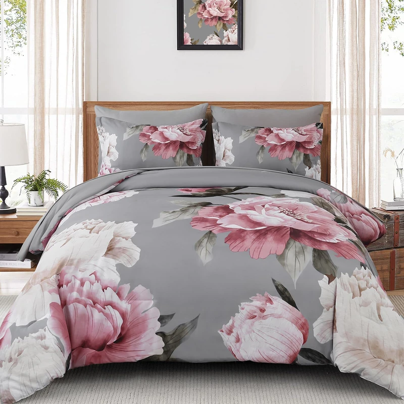 Dobuyly Pink and Grey Comforter Set King Size 7 Piece Bed in a Bag, Floral Printed on Gray Comforter Set with Sheets, Soft Microfiber Botanical Complete Bedding Set for All Season