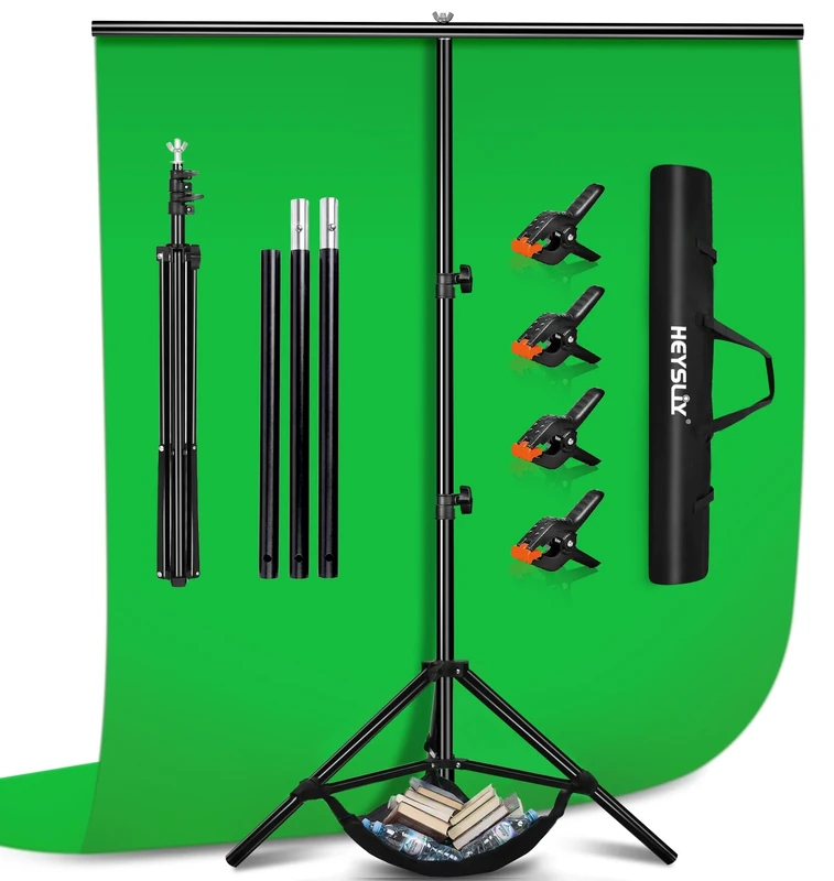Heysliy Green Screen 2x3M Background with T Backdrop Stand 6.5x9.5Ft