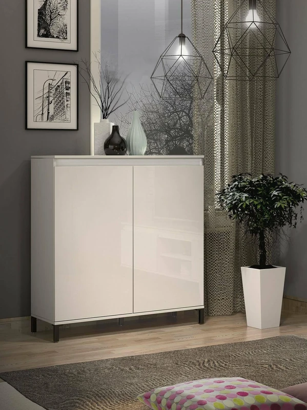 Dmora Abuja Sideboard, Buffet for Living Room, Kitchen Pantry, Made in Italy, 100 x 40 x 110 cm, Glossy White, Glossy White, Anthracite