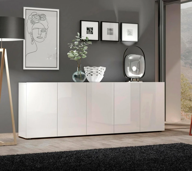 Dmora Komani Sideboard, Buffet for Living Room, Kitchen Pantry, Made in Italy, 225 x 38 x 79 cm, Glossy White, Glossy White