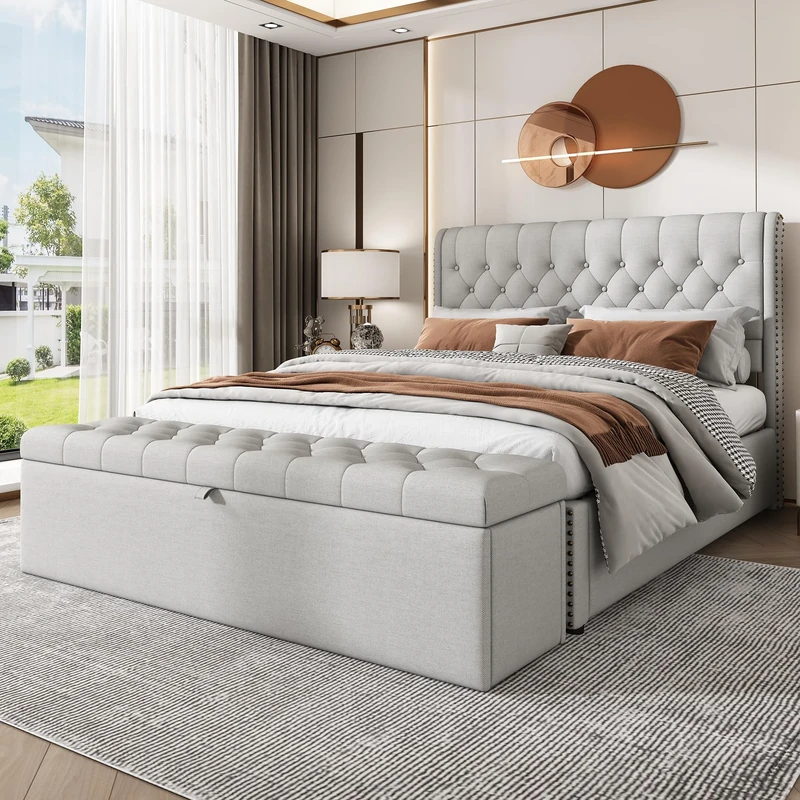 Merax Upholstered Bed Frame with Hydraulic Lift, 4FT6 Double Bed Frame with Storage, Functional Ottoman Bed with Upholstered Bench, Without Mattress, Elegant Linen Finish, Light Grey, 135x190cm