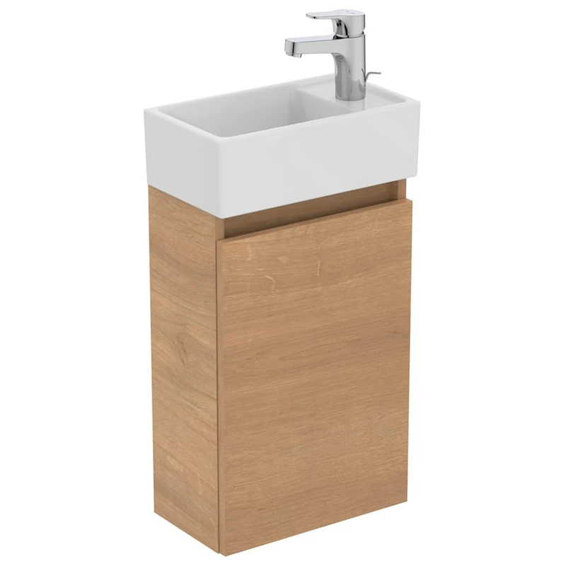 Ideal Standard Eurovit+ 35cm wall Mounted Right Hand Cloakroom Basin Unit with Cerabase Single Lever Basin Mixer tap, E211201, R0271Y8, BD054AA, Natural Oak