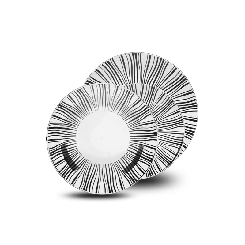 Avilia Porcelain Dinner Set with Black and White Leaves - 18 Piece Set Consisting of Dinner Plates, Soups and Dessert Plates - Ideal for Any Occasion and Easy to Clean in The Dishwasher