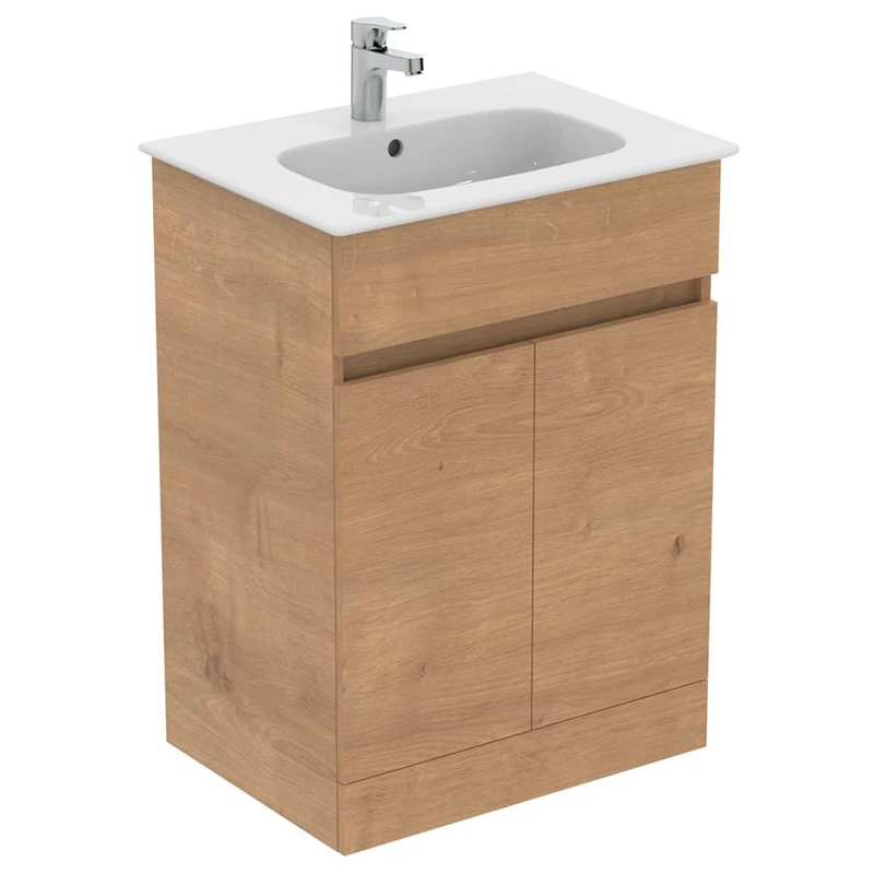 Ideal Standard Eurovit+ 60cm Floor Standing Vanity Basin Unit with Cerabase Single Lever Basin Mixer tap, E066801, E3516Y8, BD054AA, Natural Oak