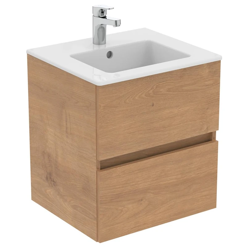 Ideal Standard Eurovit+ 50cm wall Mounted Vanity Basin Unit with Cerabase Single Lever Basin Mixer tap, E109901, R0256Y8, BD054AA, Natural Oak