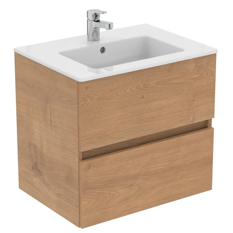 Ideal Standard Eurovit+ 60cm wall mounted vanity basin unit with Cerabase single lever basin mixer tap, E066801, R0259Y8, BD054AA, Natural Oak