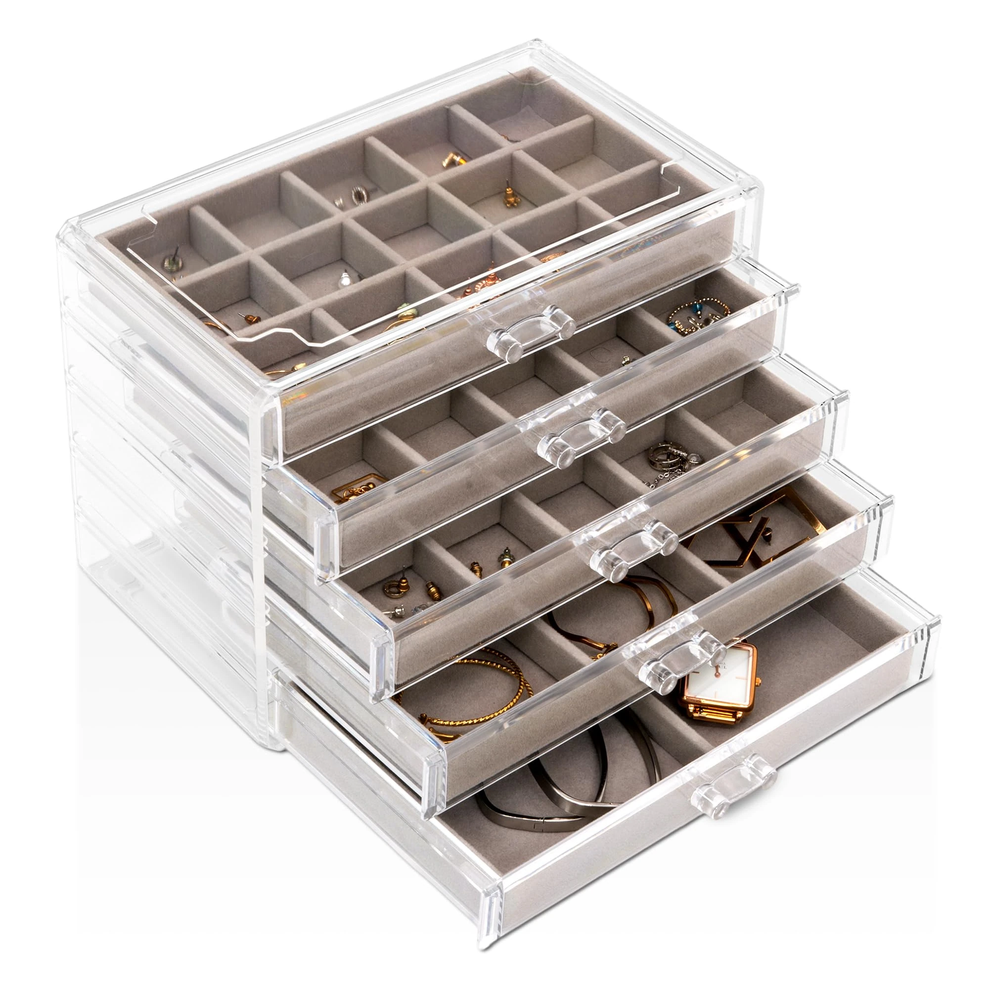 Sasha Morel Jewellery Box - Clear Acrylic Women's Jewellery Organiser - 5 Drawers, Velvet Earring Holder, Organiser Box for Accessories - Stackable, Stylish & Sturdy Design - Gift for Mum - Grey