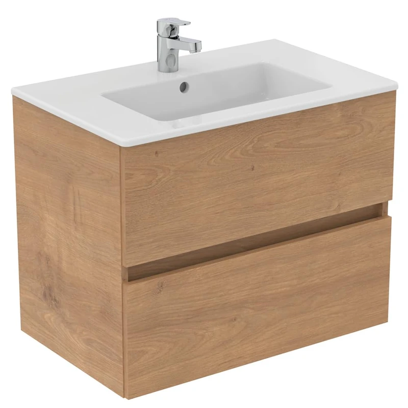 Ideal Standard Eurovit+ 70cm wall Mounted Vanity Basin Unit with Cerabase Single Lever Basin Mixer tap, E053501, R0261Y8, BD054AA, Natural Oak