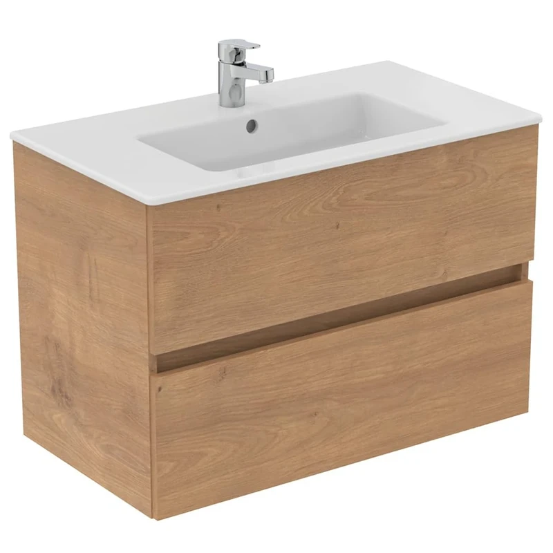 Ideal Standard Eurovit+ 80cm wall mounted vanity basin unit with Cerabase single lever basin mixer tap, E066901, R0263Y8, BD054AA, Natural Oak
