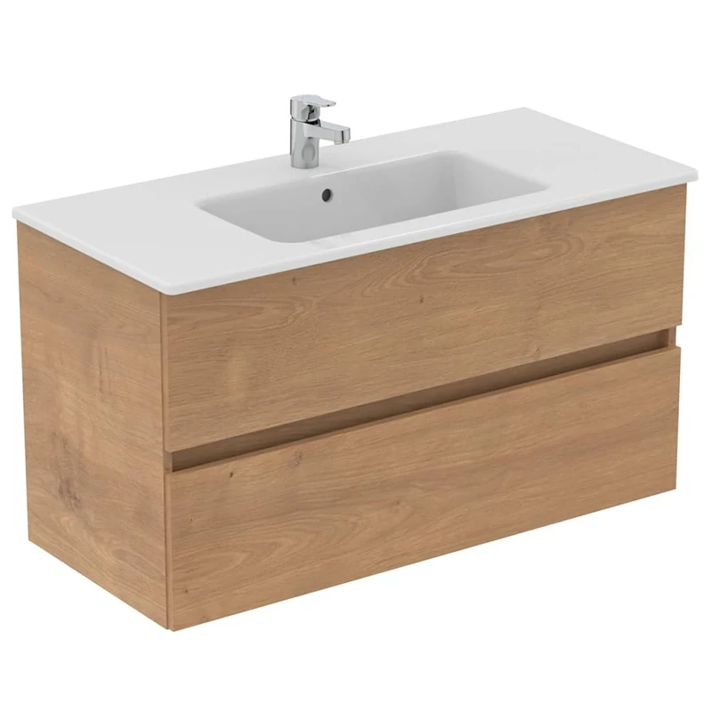 Ideal Standard Eurovit+ 1000cm wall mounted vanity basin unit with Cerabase single lever basin mixer tap, T531701, R0265Y8, BD054AA, Natural Oak