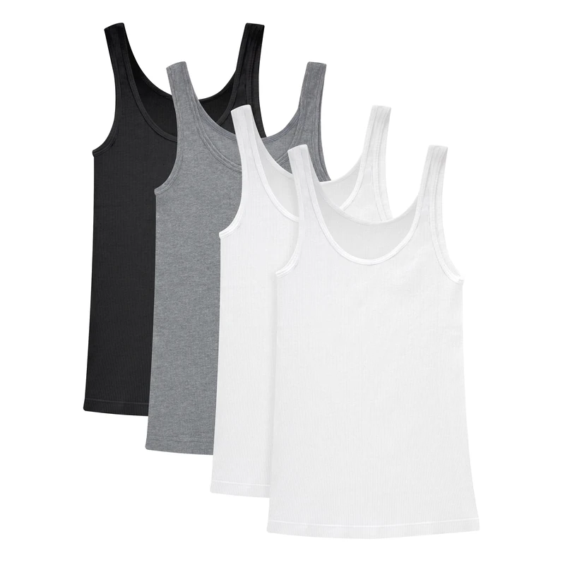 Hanes Originals Pack, Soft Cotton Rib Tank Tops for Women, 4-Pack, White/White/Black/Concrete, S