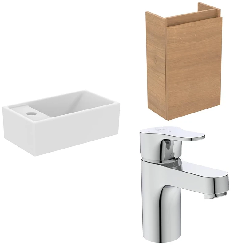 Ideal Standard Eurovit+ 35cm wall Mounted Left Hand Cloakroom Basin Unit with Cerabase Single Lever Basin Mixer tap, E211201, R0271Y8, BD054AA, Natural Oak