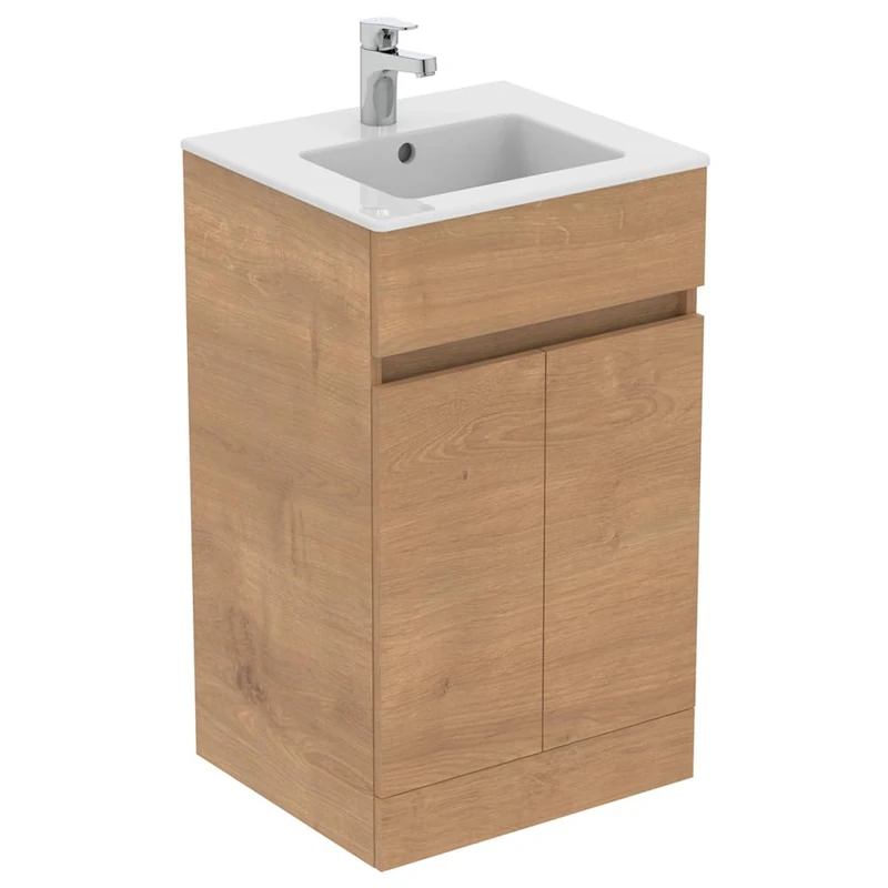 Ideal Standard Eurovit+ 50cm Floor Standing Vanity Basin Unit with Cerabase Single Lever Basin Mixer tap, E109901, R0255Y8, BD054AA, Natural Oak
