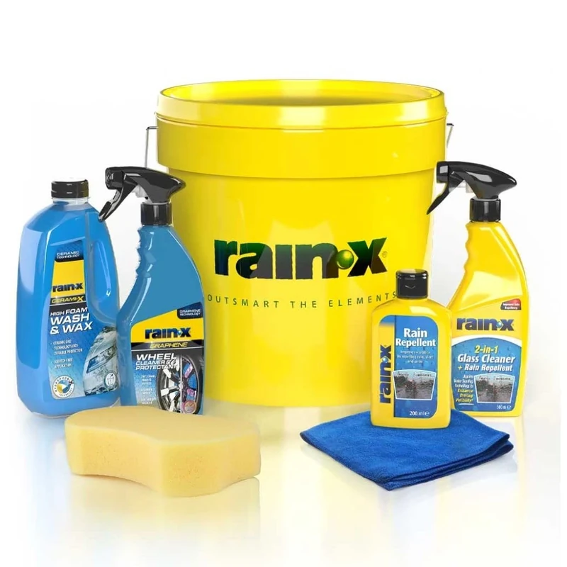 Rain-X Car Cleaning Bucket Kit - Glass Cleaner, High-Foam Wash & Wax Shampoo, Graphene Wheel Cleaner, Rain Repellent - Sponge & Cloth Included