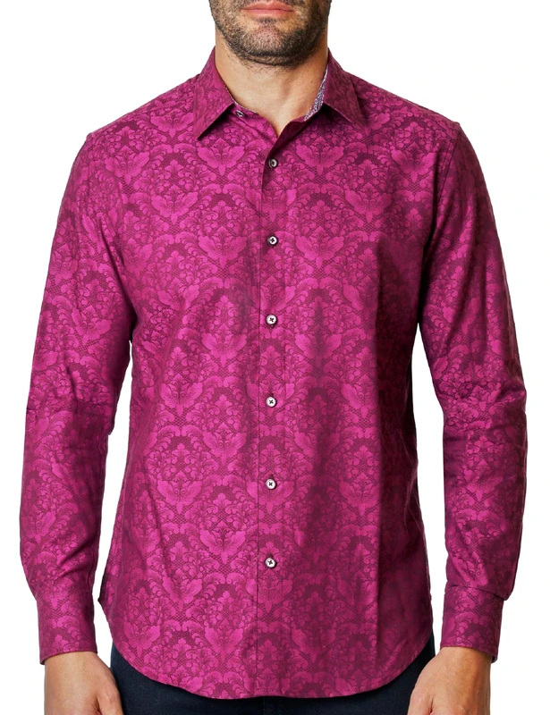 Robert Graham Men's Bayview Long Sleeve Woven Button Down Shirt, Berry, Medium