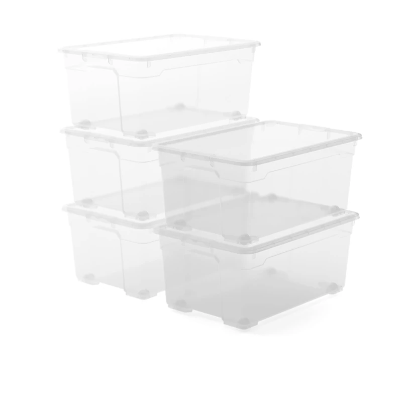 Keter Set of 5 Plastic Storage Boxes with Lid R Box L Transparent with Wheels Ideal for Clothes and Storage Suitable for Cabinets and Garages, 45 L, 56.5 x 38 x 26H cm - Image 1