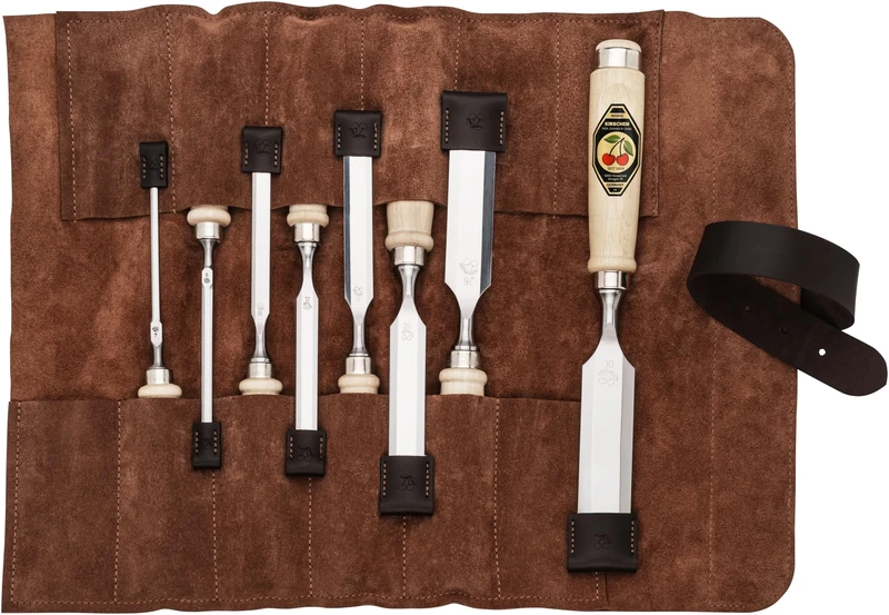 Kirschen 1131002 Bevelled Chisel Set Consisting of 8 Chisels (4, 6, 10, 12, 16, 20, 26, 30 mm) and Suede Bag, Chisel Set, 8-Piece