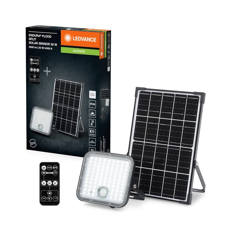 Ledvance Endura Outdoor Black LED Solar Floodlight with Solar Panel 5M Cable with Remote Control and PIR Motion Sensor 30W 4500LM 840 4000K Light Colour EEK A