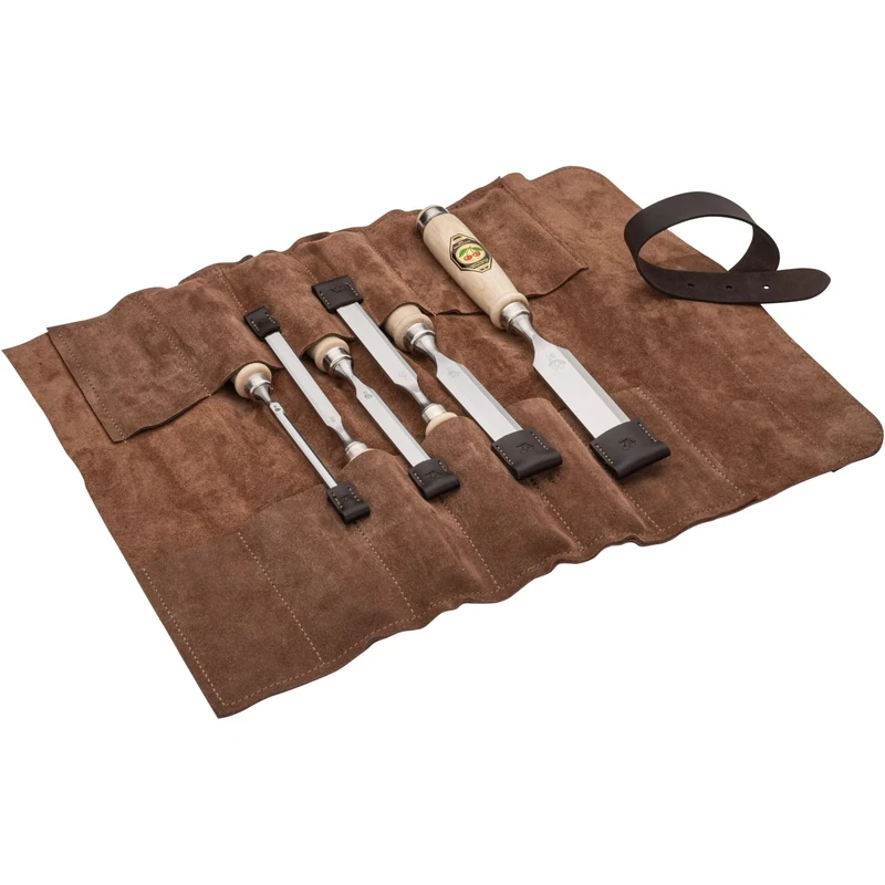 Kirschen 1171002 Bevelled Chisel Set Consisting of 6 Chisels (6, 10, 12, 16, 20, 26 mm) and Suede Bag, Rising Chisel Set, 6 Pieces